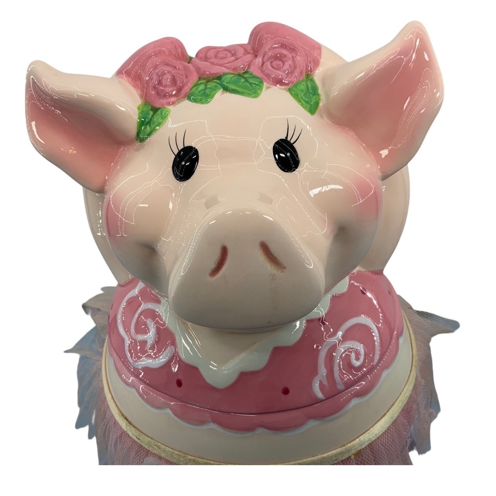 Vintage Ballerina Pig Ceramic Cookie Jar Pink Tutu Roses Whimsical Kitchen Decor - Picture 3 of 9